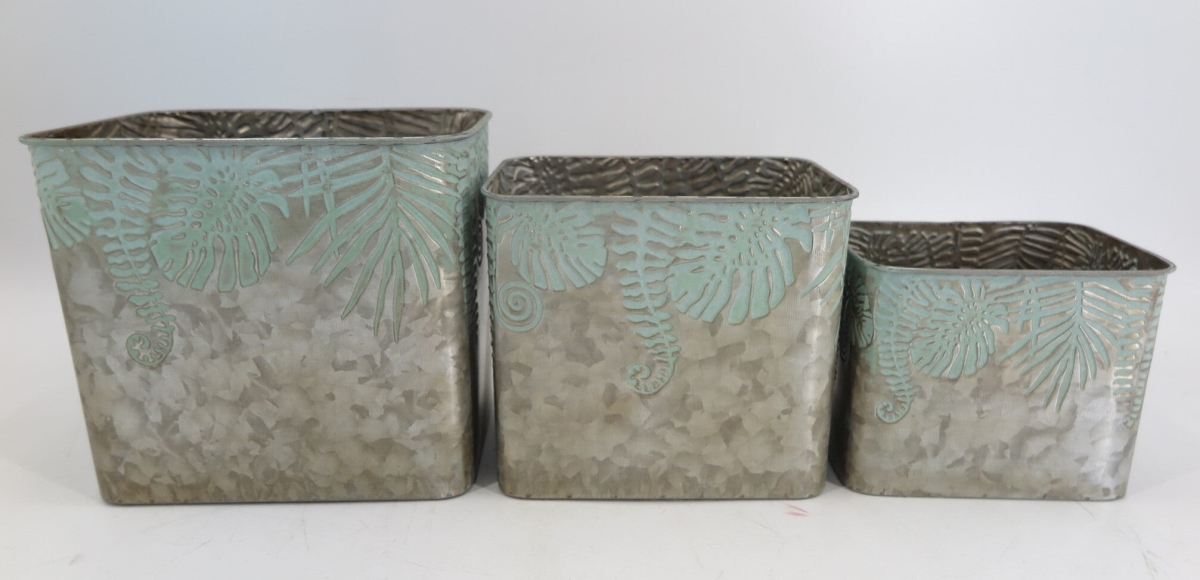 Square Antique Copper & Verdigris Leaves Pattern Planters, Set of 3