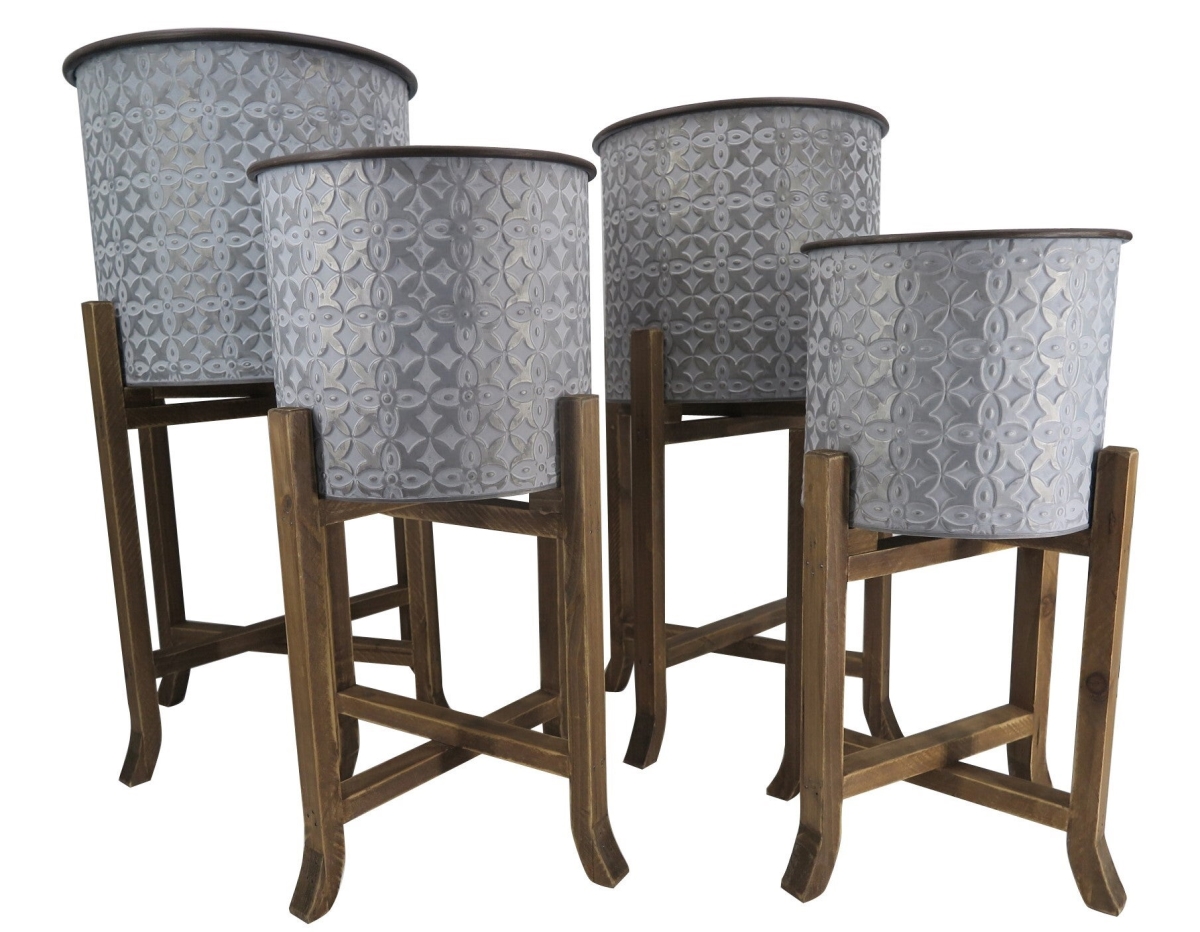 Patterned Silver Pots on Wooden Stands Planters, Set of 4