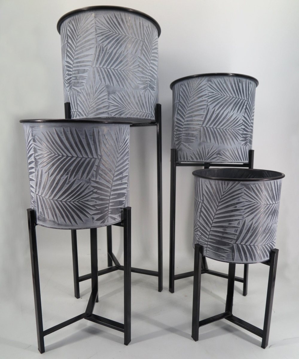 Silver, White Washed Leaf Patterned Buckets on Metal Legs Planters, Set of 4