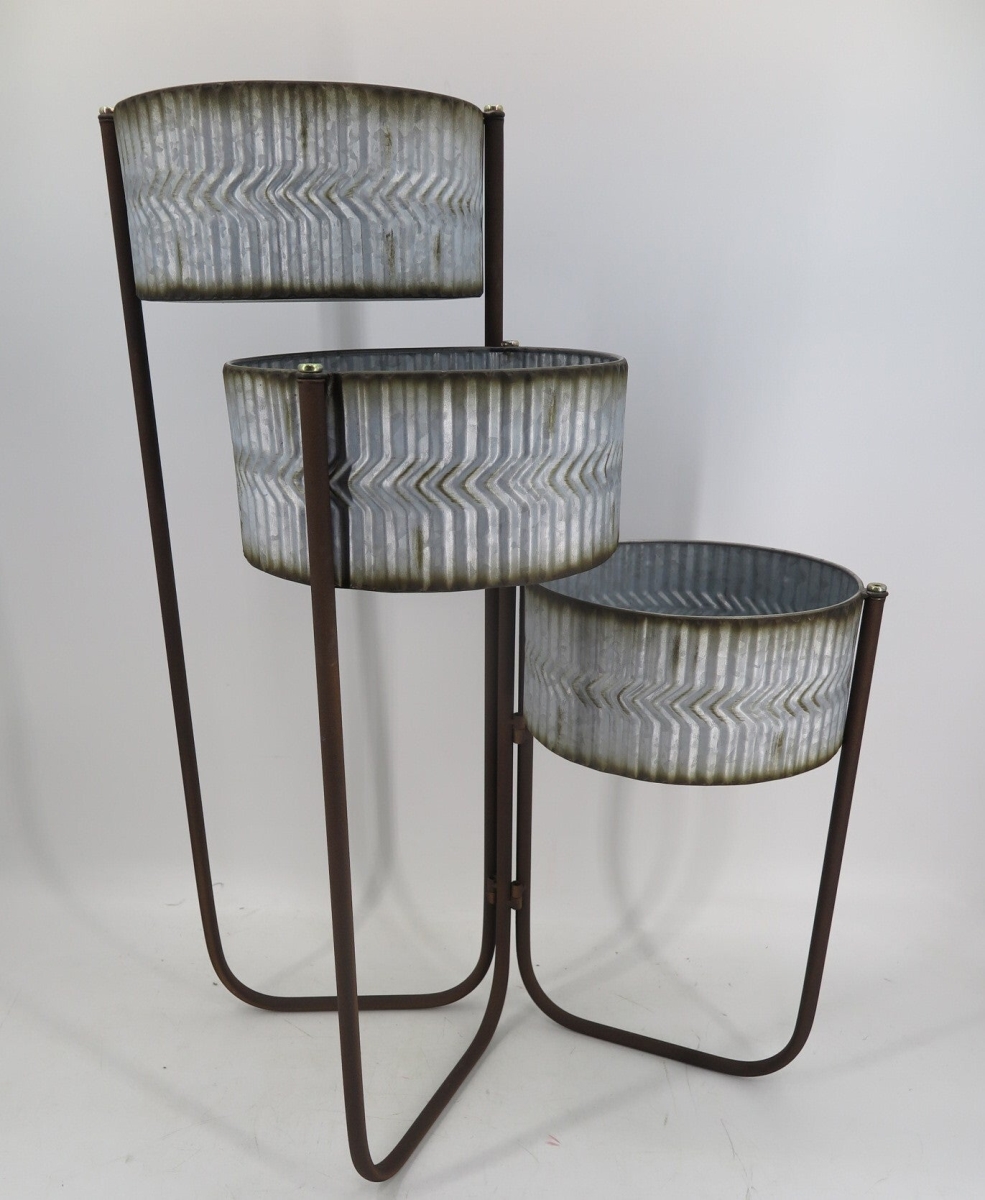 3 Tier Round Metal Planters on Black Frame Plant Stand