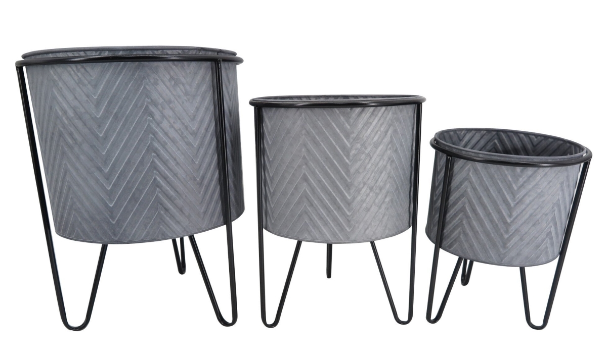 Round Chevron Patterned Containers on Metal Legs Planters, Set of 3