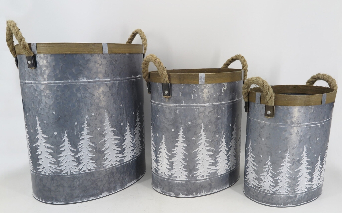 Rope Handles Brown Trim & White Tree Patterns Metal Planters, Set of 3