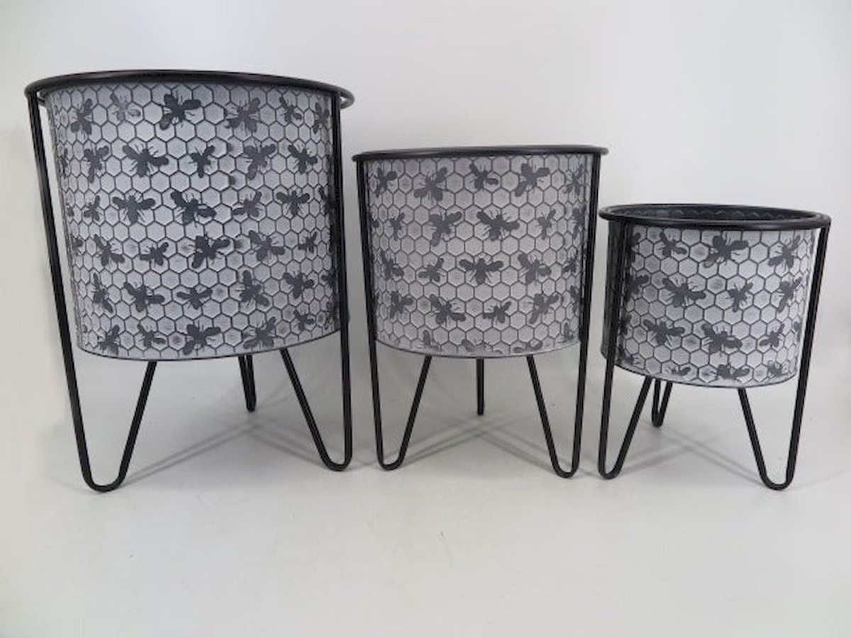 Bees on White Washed Honeycomb Pattern with Metal Frame Planters, Set of 3