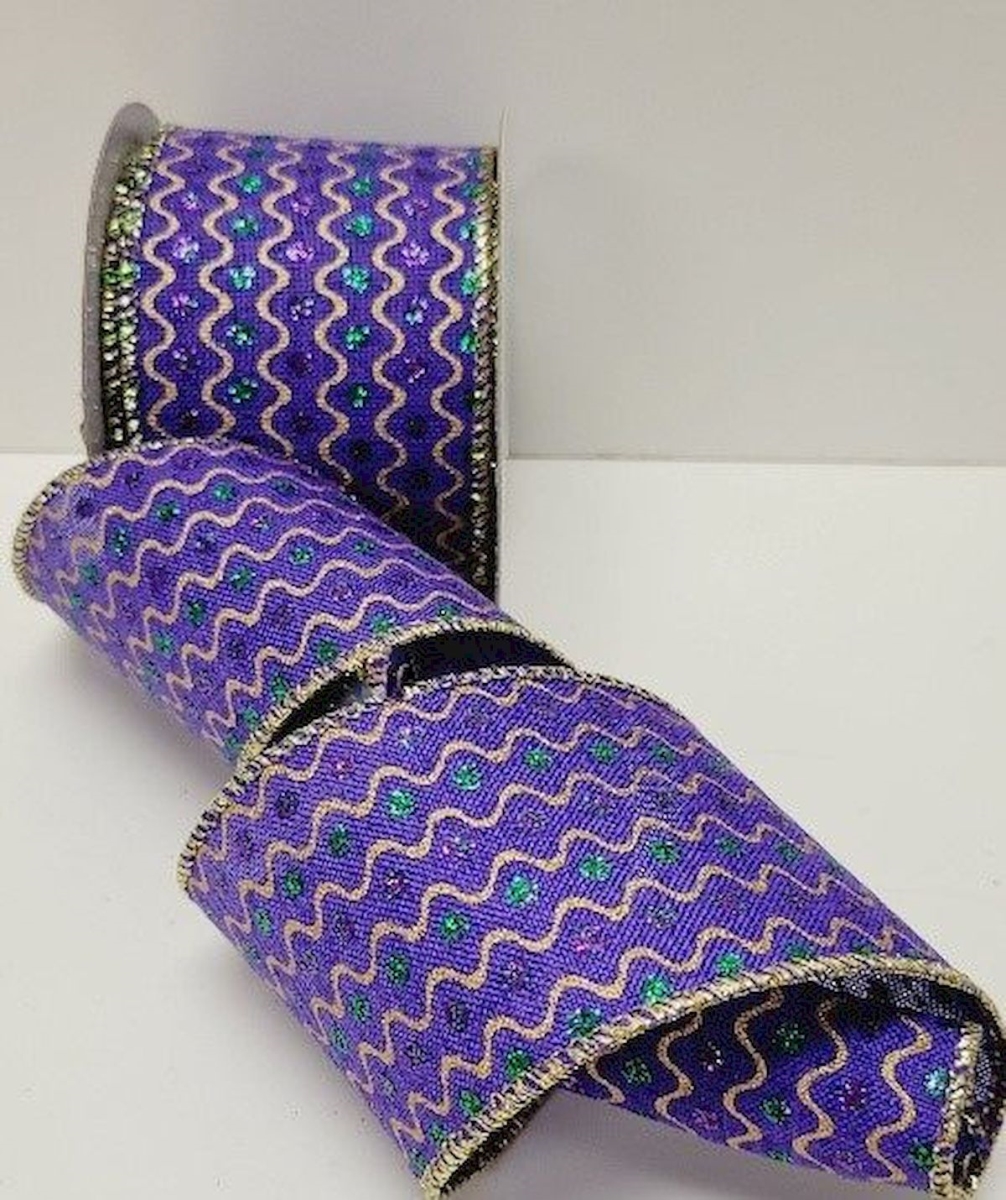 Picture of Mr. MJs Trading CM-OM055PU 2.5 in. x 10 Yards Purple with Green Dots & Gold Swirls Ribbon