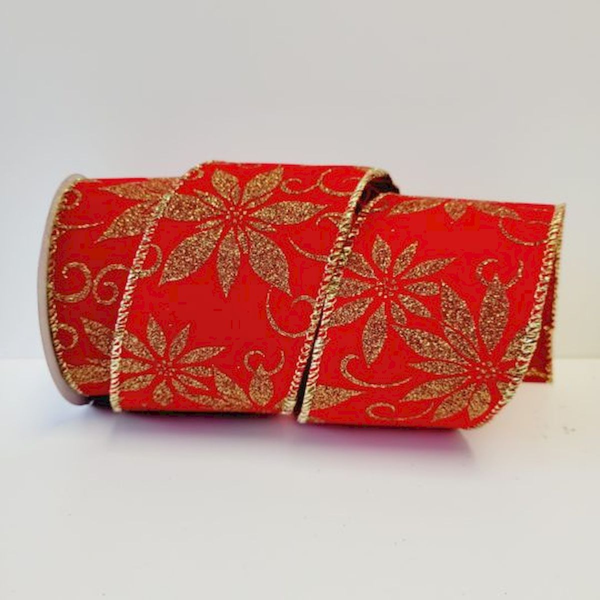 Picture of Mr. MJs Trading CM-OM183RG 2.5 in. x 10 Yards Red Velvet with Glitter Gold Poinsettia Ribbon