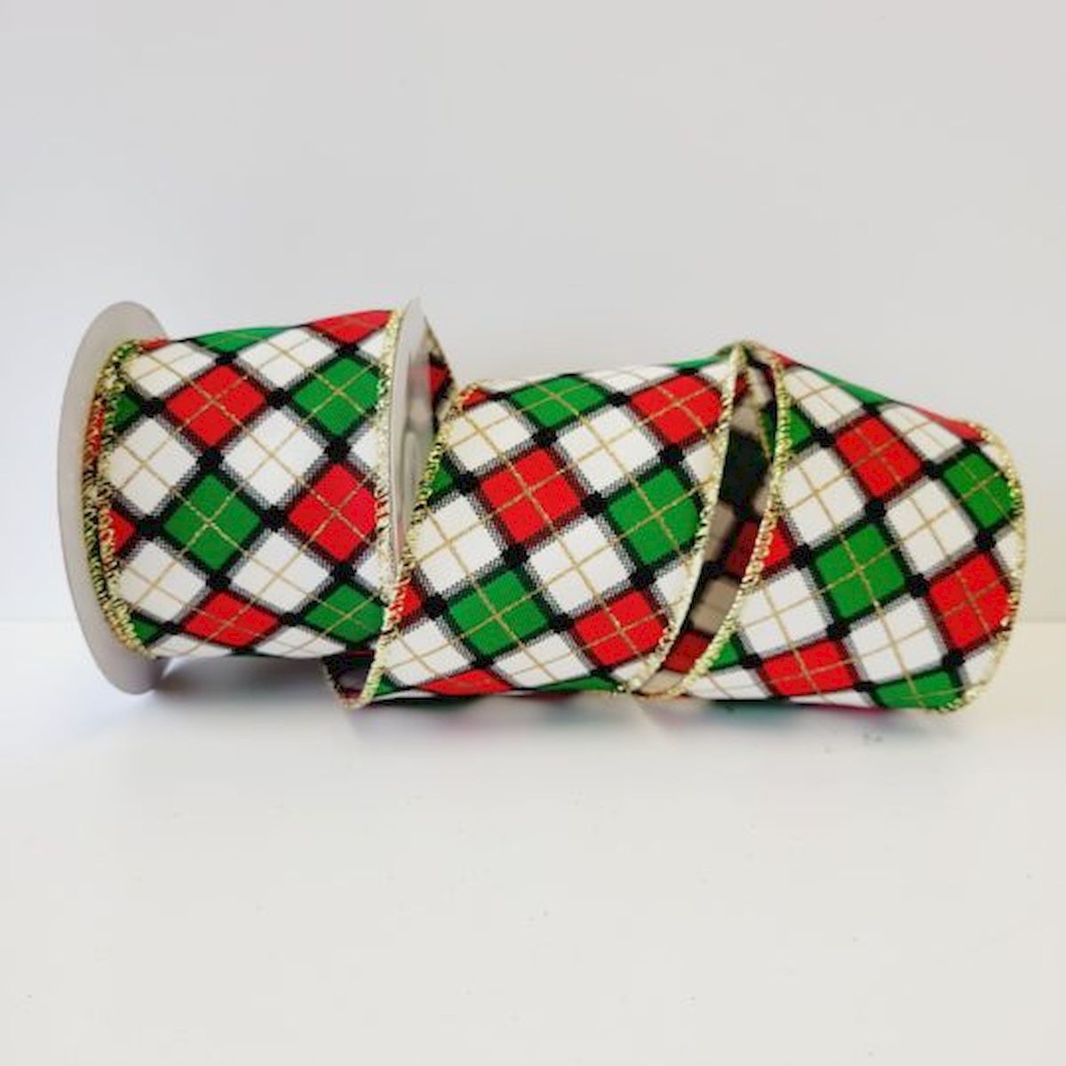 Picture of Mr. MJs Trading CM-OM186MU 2.5 in. x 10 Yards Red&#44; White & Green Checks with Gold & Black Lines Ribbon