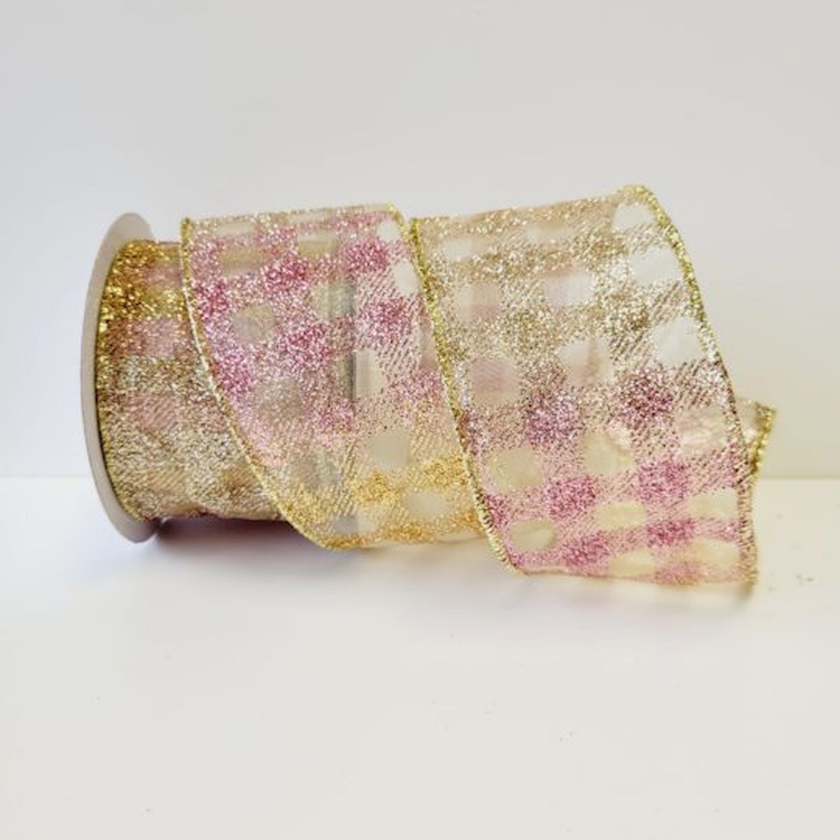 Picture of Mr. MJs Trading CM-OM194MU 2.5 in. x 10 Yards Pink & Gold Sheer Glitter Check Ribbon