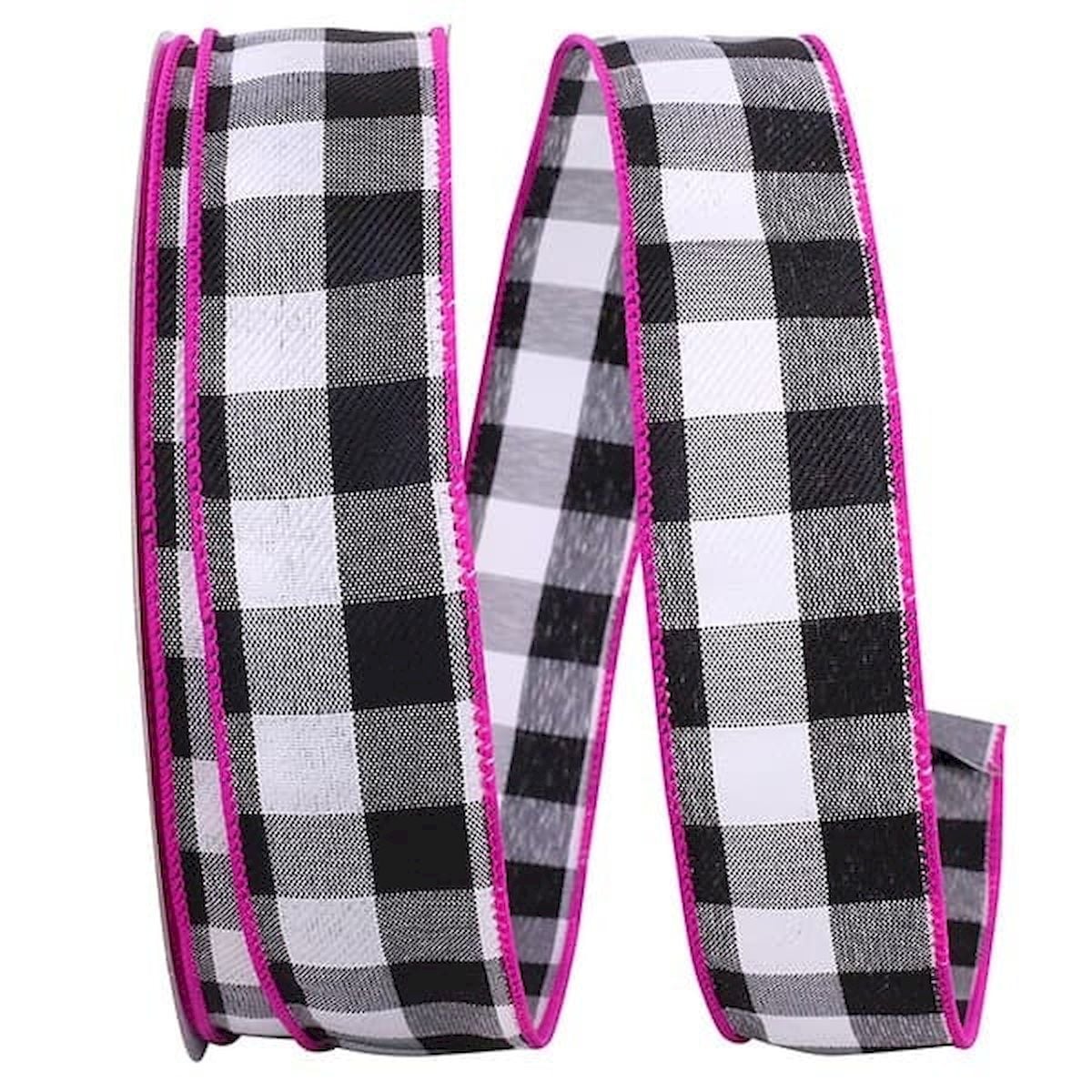 Black & White Checks with Fuchsia Trim Wired Ribbon