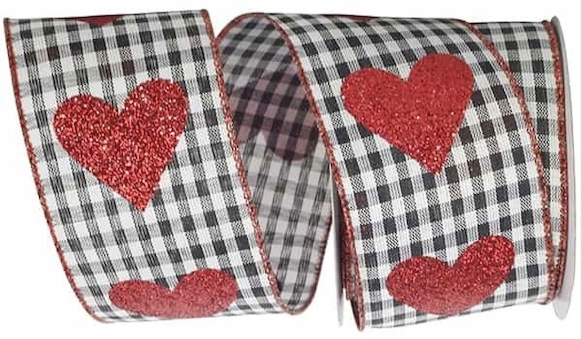 Red Glitter Heart on Black & White Checked Gingham Wired Ribbon