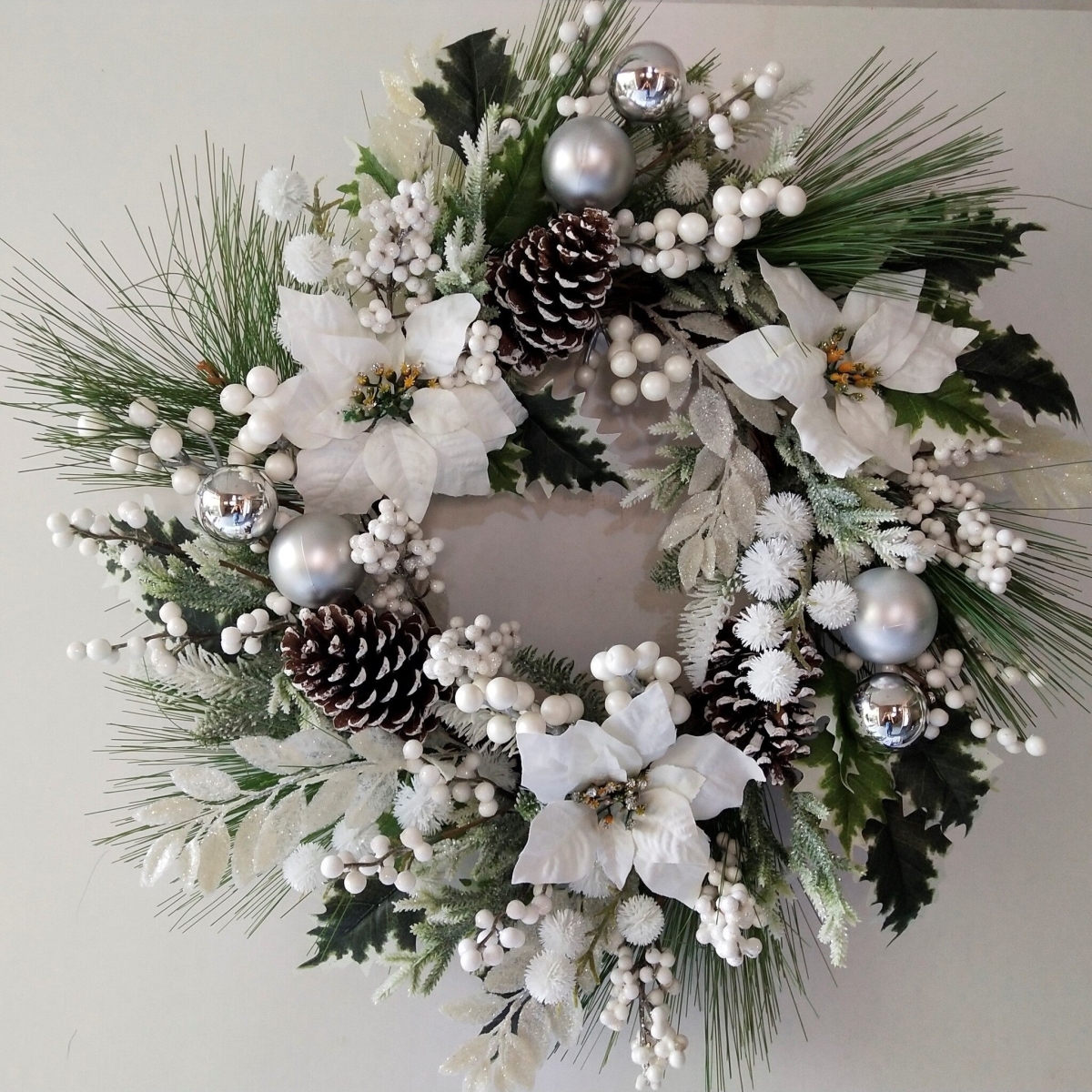 White Poinsettias with White Berries & Snow Puffs Wreath