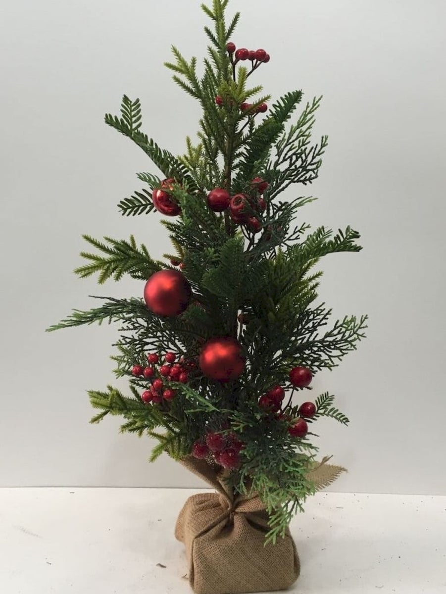 Red Berries & Ball Ornaments on Green Boughs Potted Christmas Tree