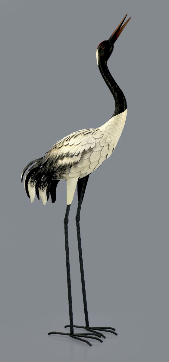 Black & White Metal Heron with Head Up Statue