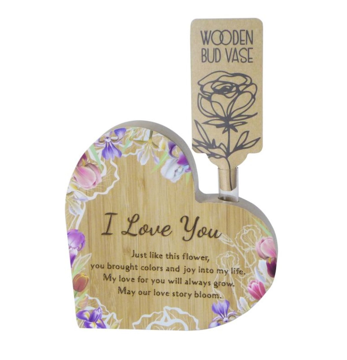 Picture of Mr. MJs Trading SC-WS805 Wooden Heart with Saying - I Love You Bud Vase