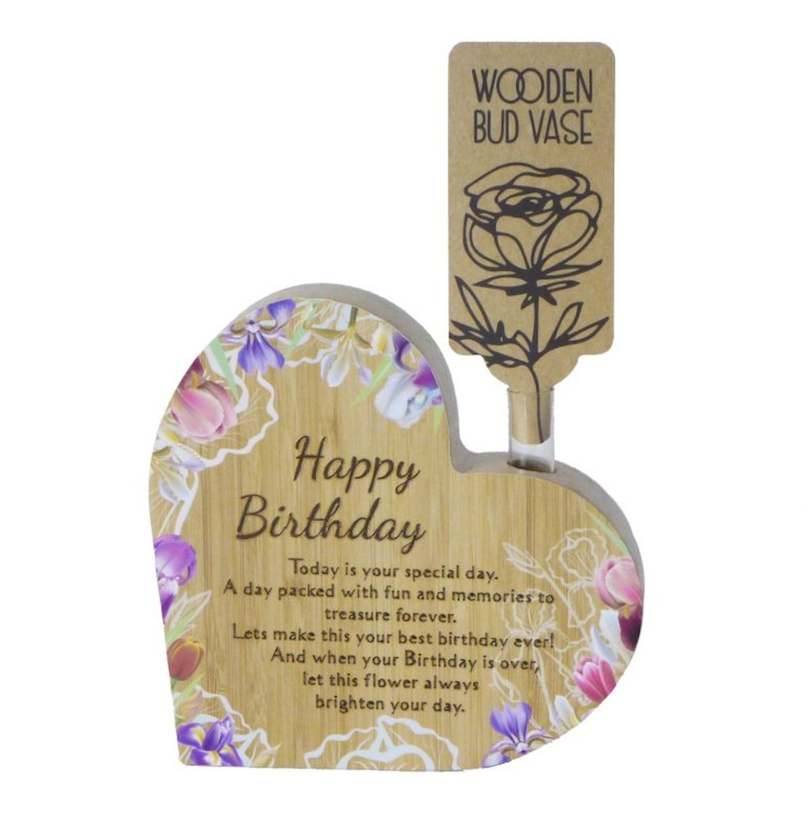 Picture of Mr. MJs Trading SC-WS807 Wooden Heart with Saying - Happy Birthday Bud Vase