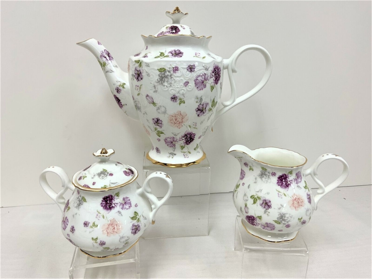 Picture of Mr. MJs Trading HO-14D118-CS Purple & Pink Asters with Gold Rim Teapot Set&#44; Set of 3