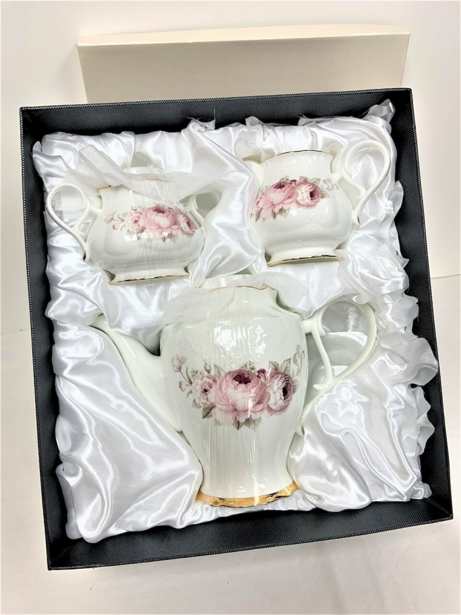 Picture of Mr. MJs Trading HO-14D165-CS Pink Roses with Gold Trim Teapot Set, Set of 3