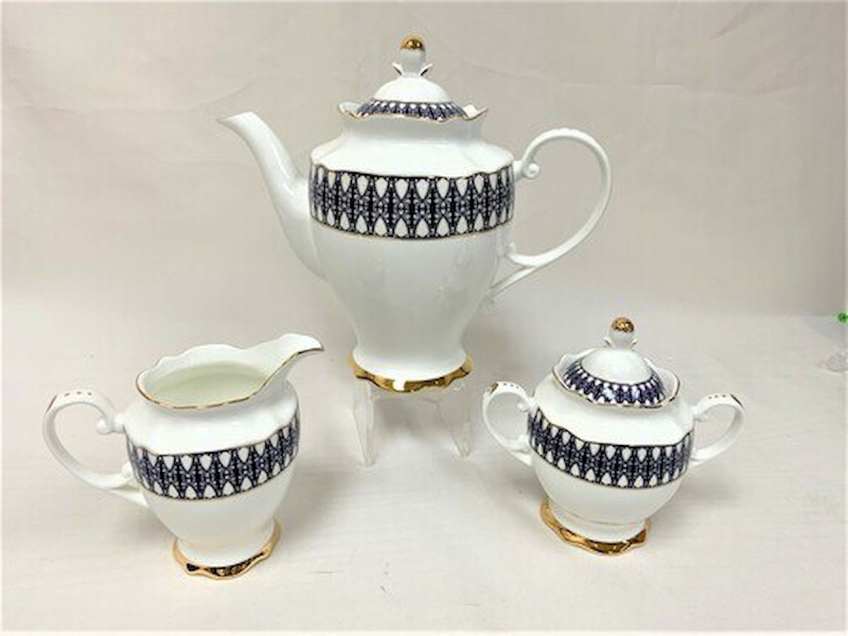 Picture of Mr. MJs Trading HO-16D250-SC White with Blue Pattern & Gold Rim Teapot Set&#44; Set of 3
