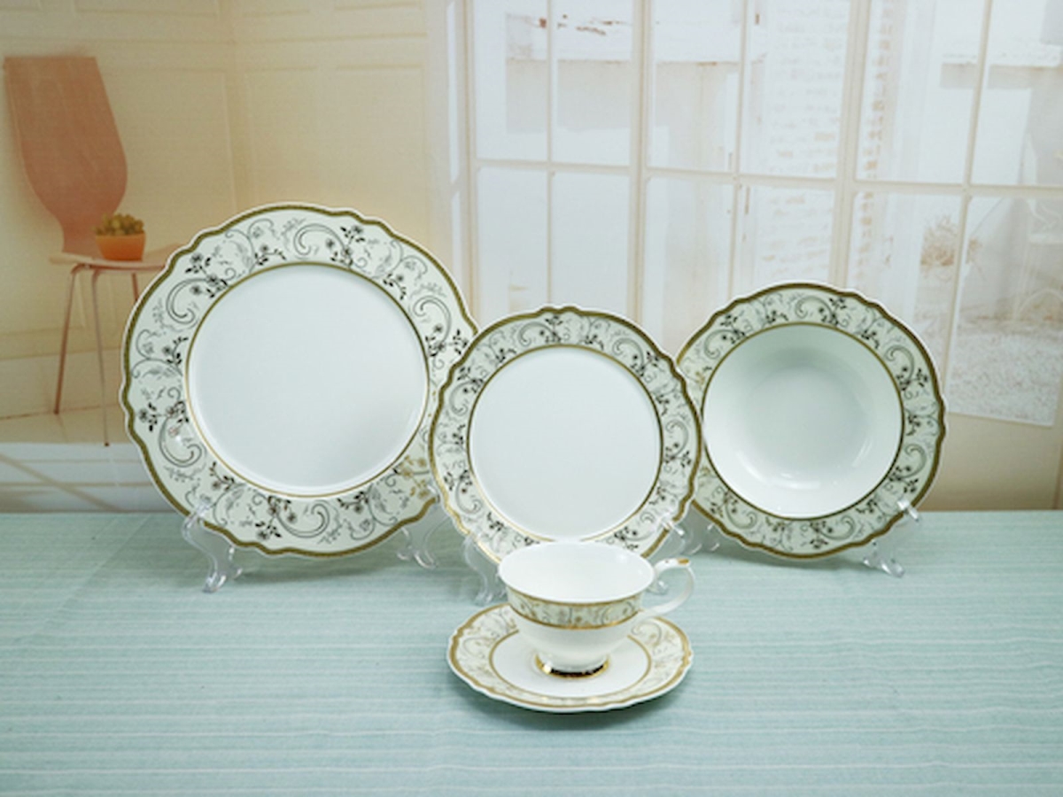 White with Floral Pattern & Gold Rim Dinner Set, Set of 20