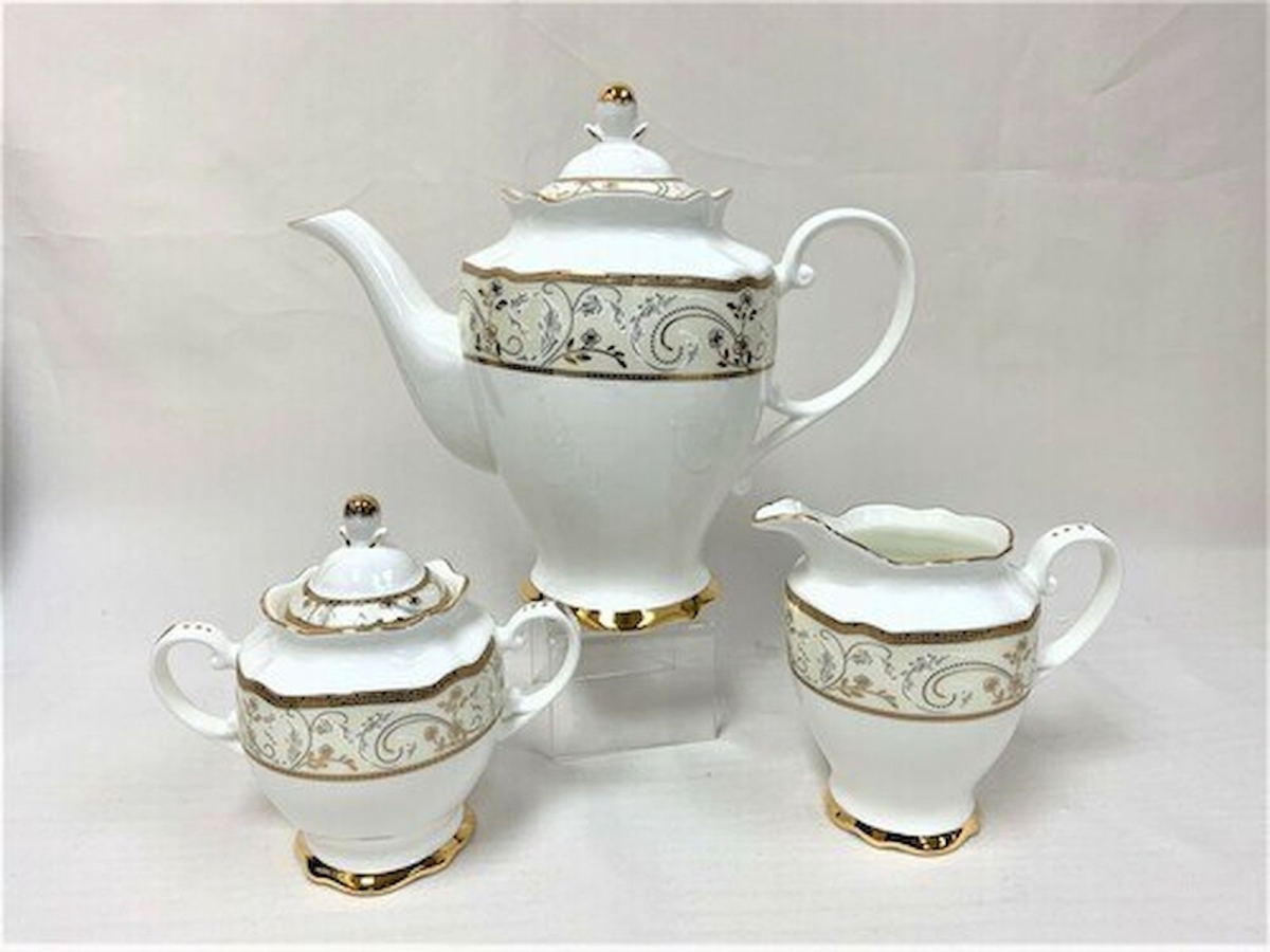 Picture of Mr. MJs Trading HO-S17D028-CS White with Gold Pattern & Trim Teapot Set&#44; Set of 3