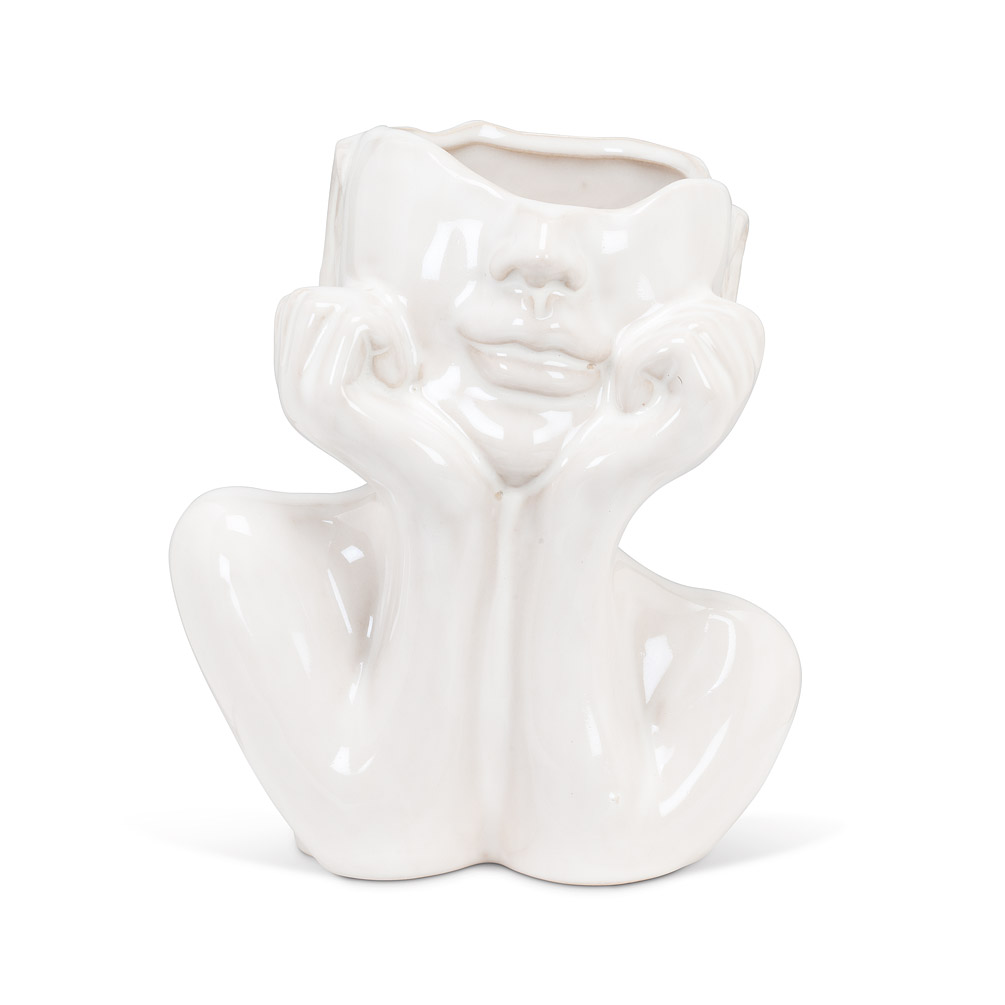6 in. Head In Hands Planter, White - Stoneware