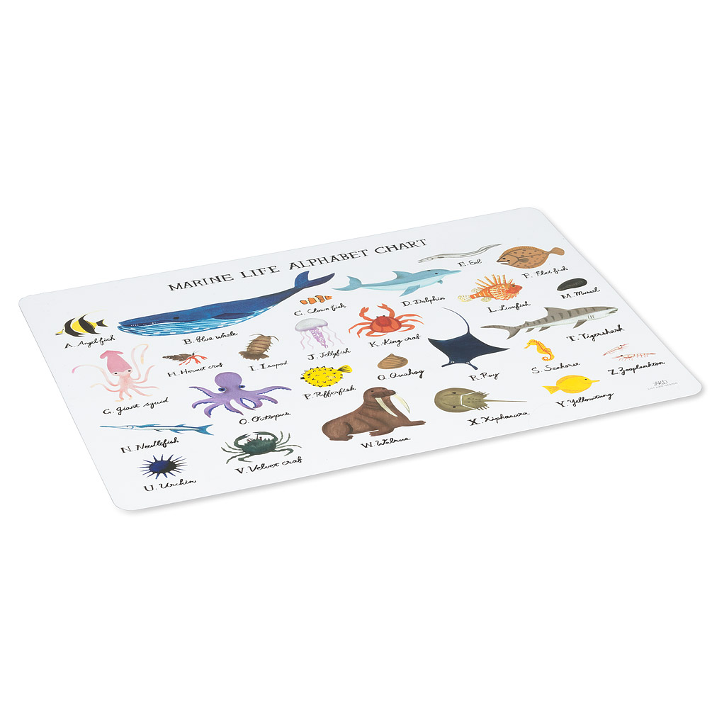 Picture of Mr. MJs AB-27-TABLEMAT-LK-09 13 x 18 in. Plastic Marine Life Alphabet Placemats&#44; White & Multi Color - Set of 4