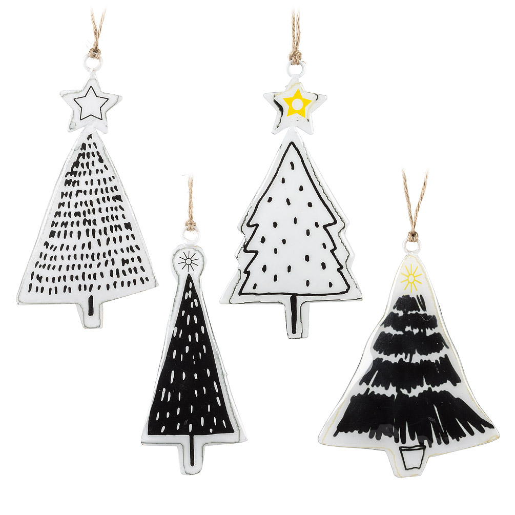 Picture of Mr. MJs AB-37-IMPRINT-067 4 in. Metal Modern Trees Ornaments&#44; Assorted Color&#44; White & Black - Set of 4