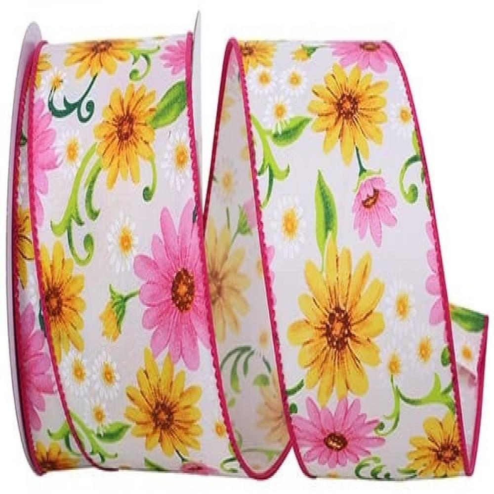 AI-RI40470-Q01 2.5 in. x 10 Yards Wired Pink Gerberas & Daisies Ribbon, Multi Color -  MDR Trading, AI-RI40470_Q01