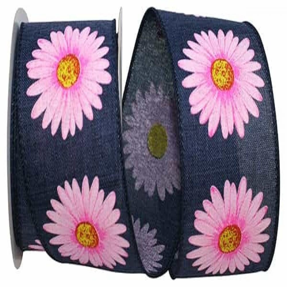 AI-RI40477-Q01 2.5 in. x 20 Yards Wired Denim Blue with Pink Gerbera Daisy Pattern Linen Ribbon, Blue & Pink -  MDR Trading, AI-RI40477_Q01