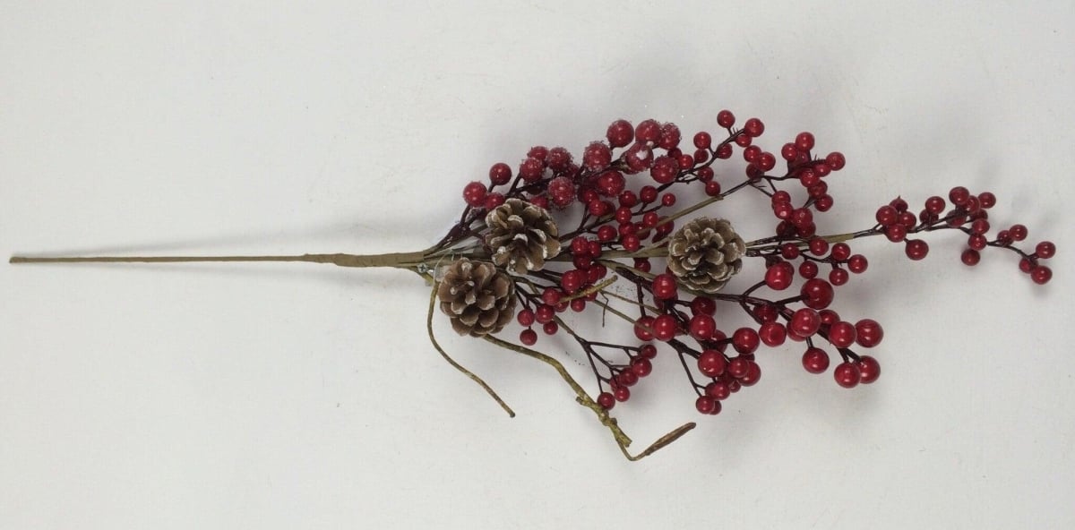 AI-FL7061-Q01 Holly Red Berries & Brown Pinecones Pick, Red & Brown