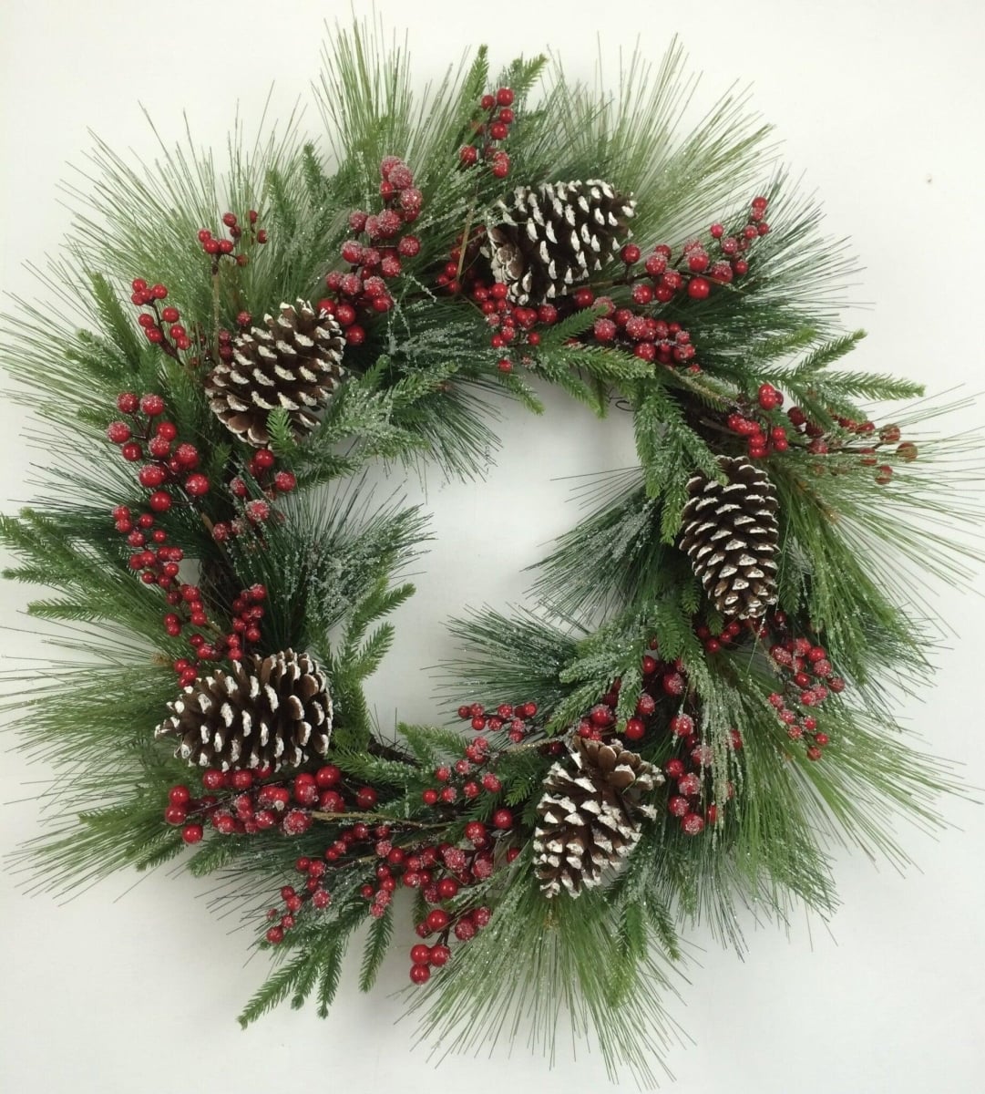 AI-FL7082-Q01 Pine Needles, Cones & Berries Wreath, Green, Red & Brown