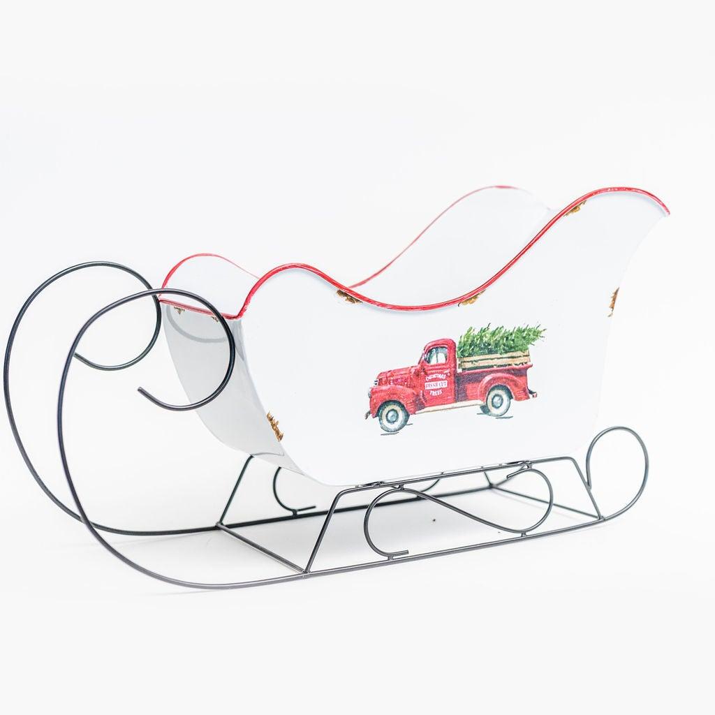 Picture of MDR Trading AI-GA1950-859-Q01 White with Red Pick Up Truck & Tree Design Metal Sleigh Decoration