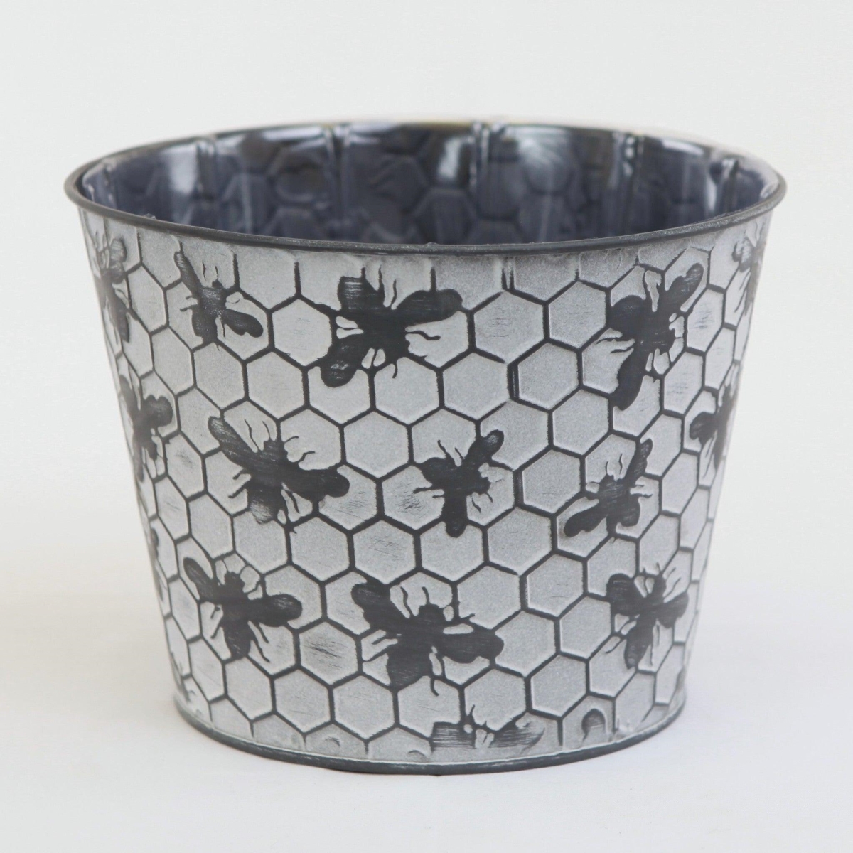 AI-GA3510-232-Q01 Black Bees on White Wash Honey Comb Pattern Metal Planter