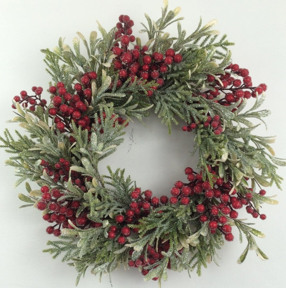 AI-FL7076-Q02 Glittered Green & Red Berries Wreath - Set of 2