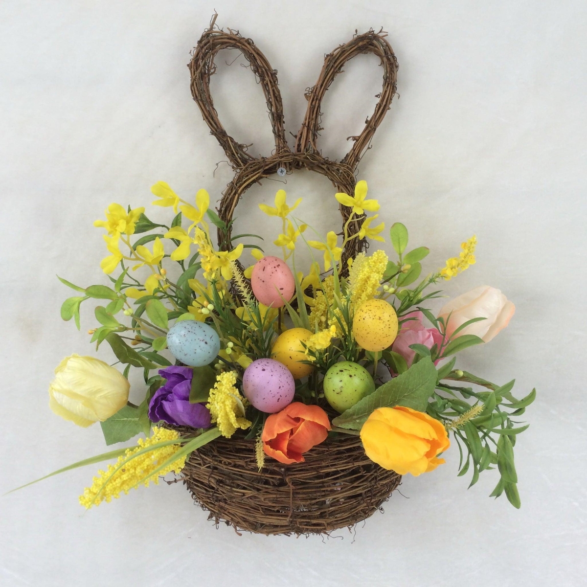 AI-FL7106-Q06 Bunny Frame with Tulips, Forsythia & Eggs in a Basket Wreath, Multi Color - Set of 6