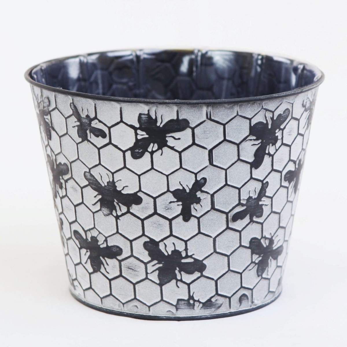 AI-GA3500-232-Q06 White Washed & Black Bumble Bee Imprinted Metal Pot Planter - Set of 6