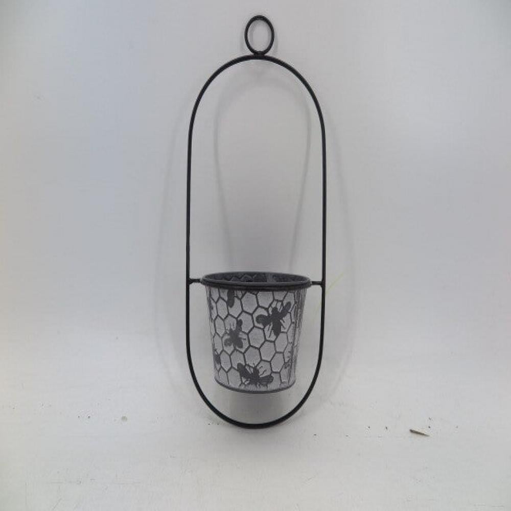 AI-GG9511-Q02 White Wash & Black Honey Comb Pattern & Bees Hanging Bucket Planter - Set of 2