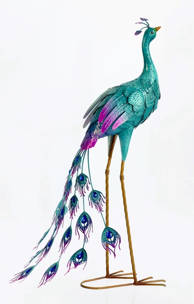 AI-GG9512-Q02 Peacock with Tail Feathers Down Metal Garden Sculpture, Multi Color - Set of 2