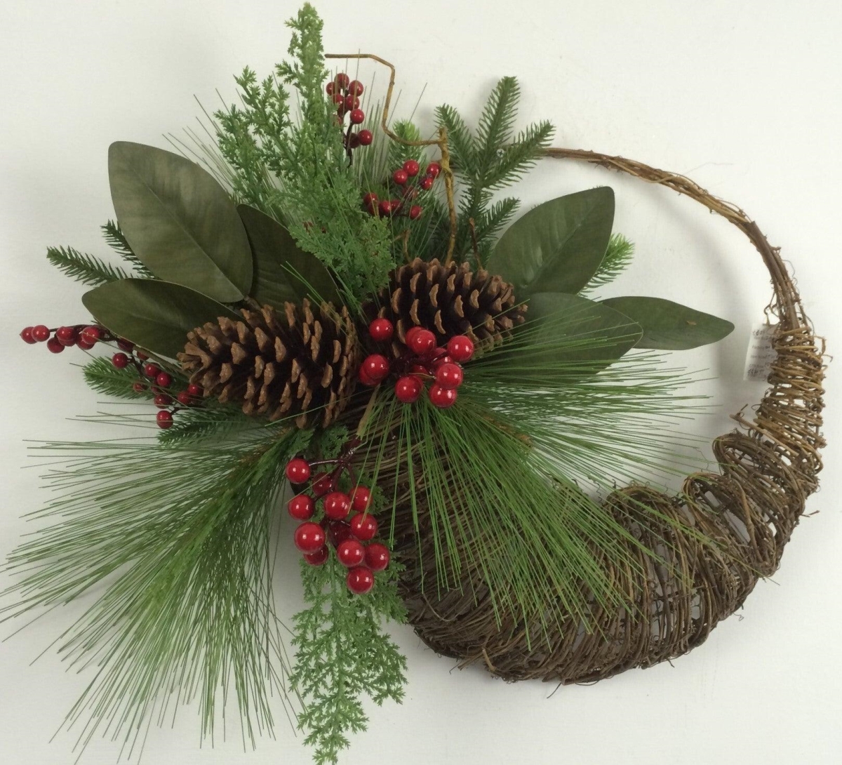 AI-FL7089-Q04 Pine Needles & Cones with Leaves & Berries on Half Wreath, Brown, Red & Green - Set of 4