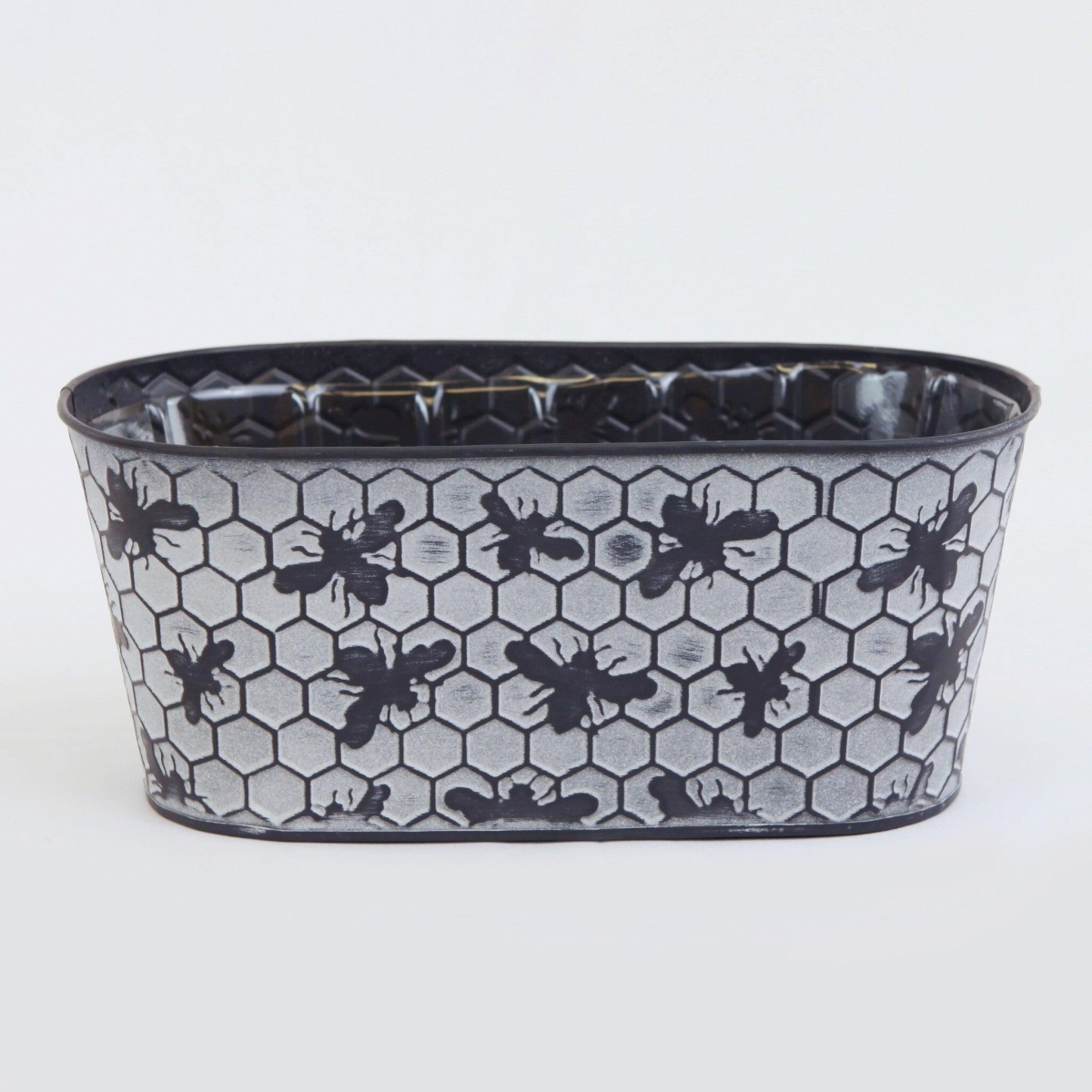 AI-GA3405-232-Q04 White Wash Honey Comb Pattern with Black Bees Metal Planter - Set of 4