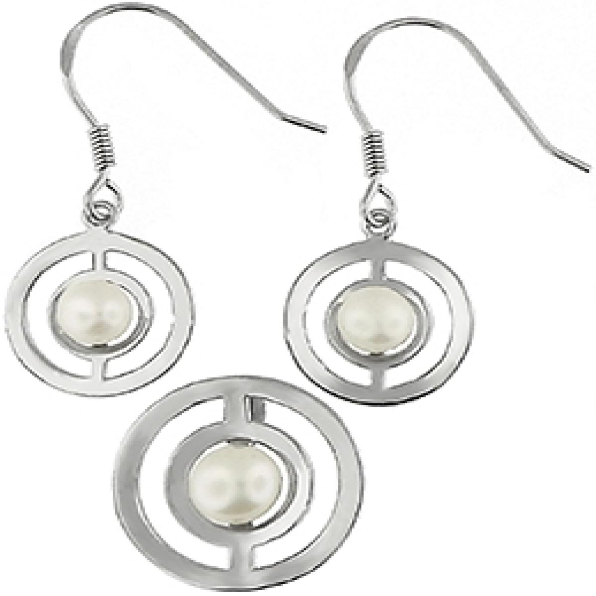 Picture of MDR Trading SS-TL059-S Silver & White Circle with Freshwater Pearl Centers Pendant & Earrings Set