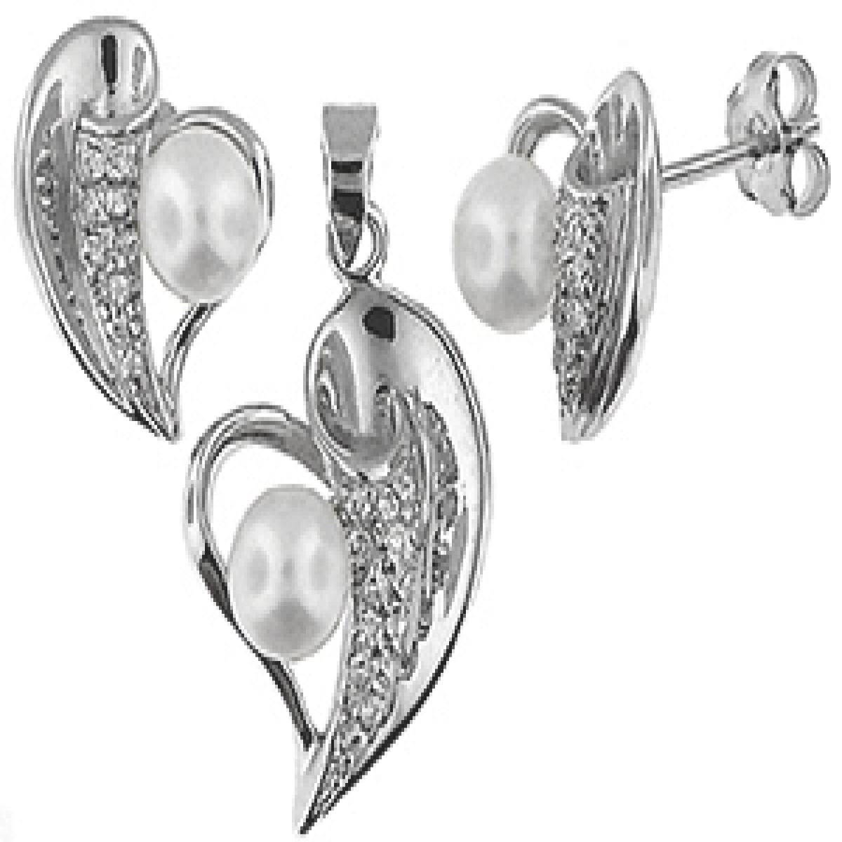 Picture of MDR Trading SS-TL062W-S White & Silver Freshwater Pearl Heart Shape Pendant & Earrings Set
