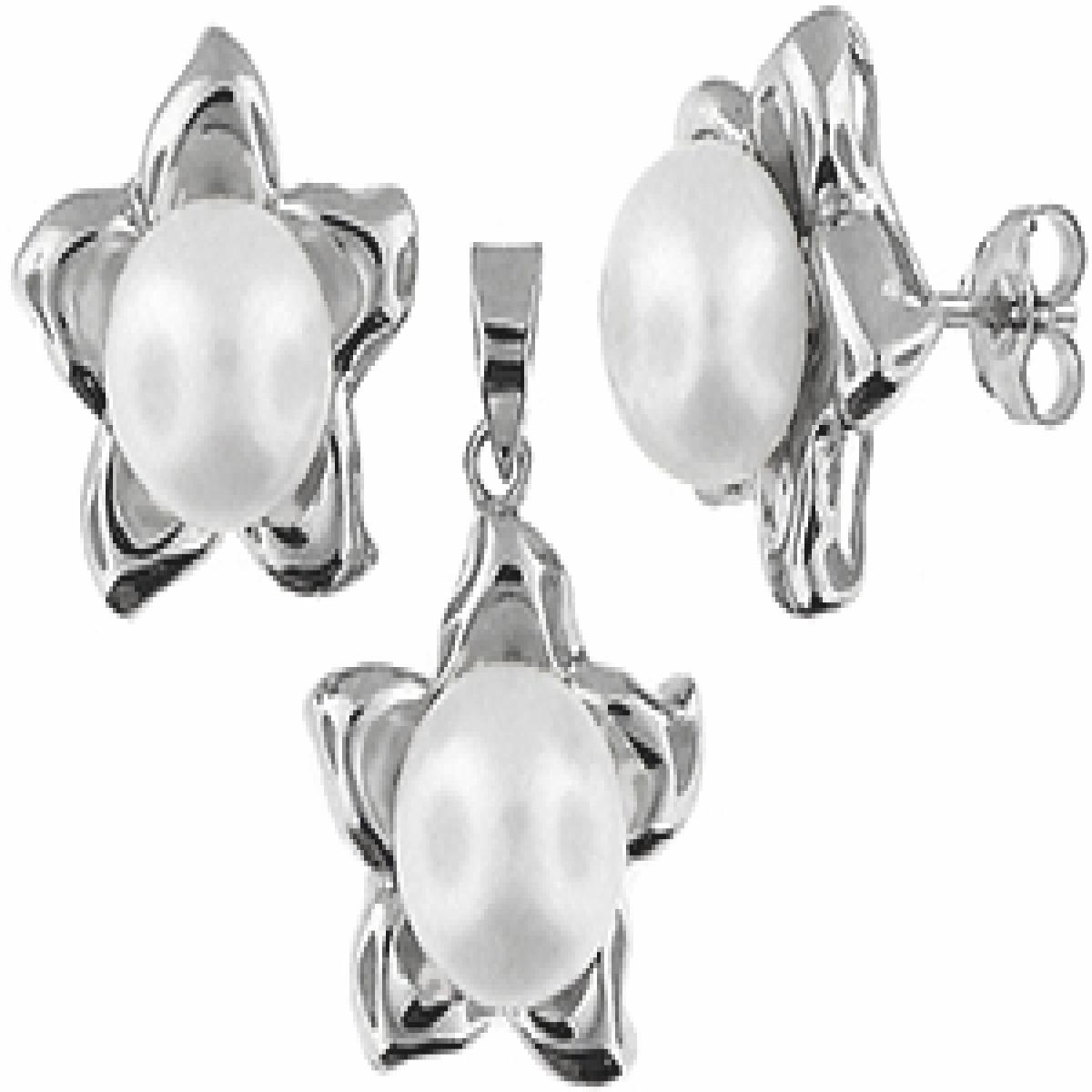 Picture of MDR Trading SS-TL068W-S Silver & White Flower with Freshwater Pearl Centers Pendant & Earrings Set