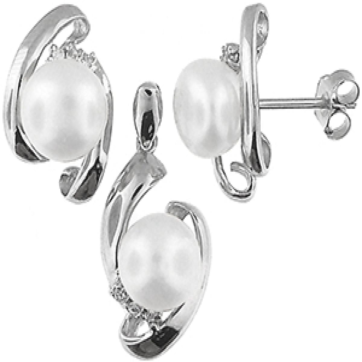 Picture of MDR Trading SS-TL070W White & Silver Freshwater Pearl with Cubic Zirconia Pendant & Earrings Set