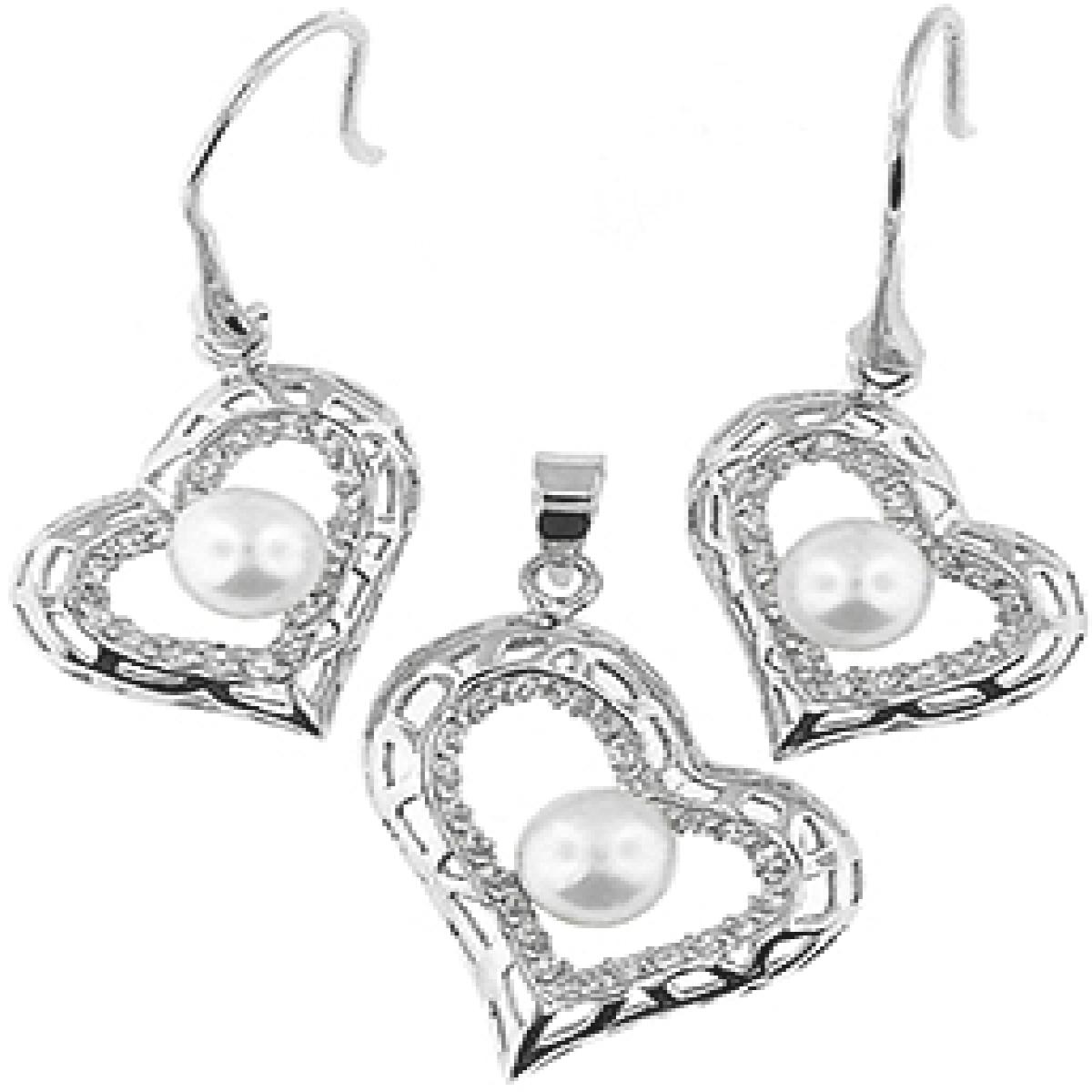 Picture of MDR Trading SS-TL071W-S Freshwater Pearl Center Stones Heart Shape Silver Pendant & Earrings Set