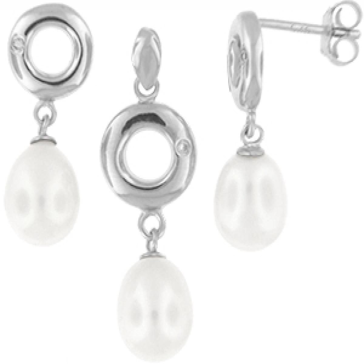 Picture of MDR Trading SS-TL076W-S Silver & White Circle with Freshwater Pearl Drop & Cubic Zirconia Pendant & Earrings Set