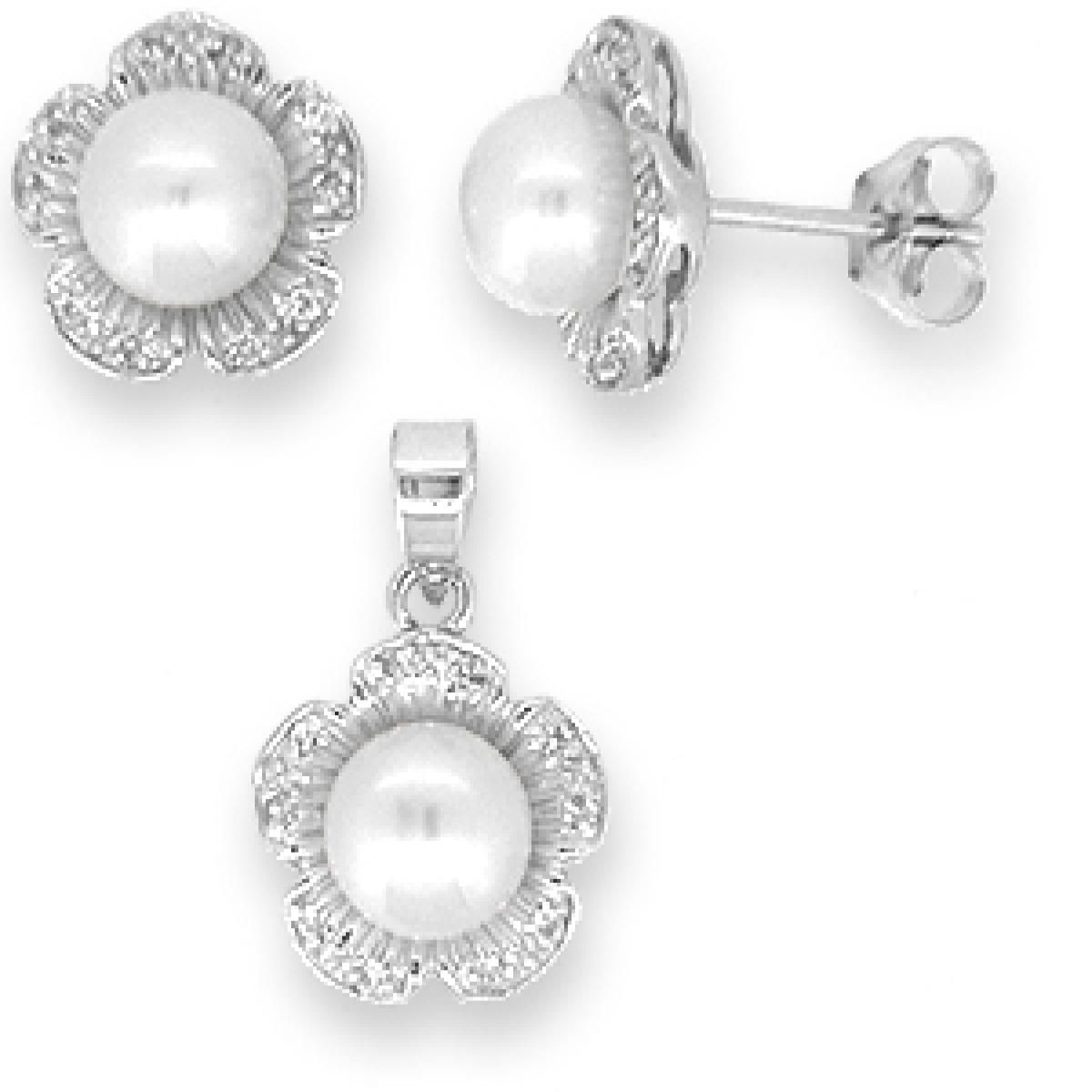 Picture of MDR Trading SS-TL085W Silver & White Freshwater Pearl with Cubic Zirconia Petal Shape Pendant & Earrings Set