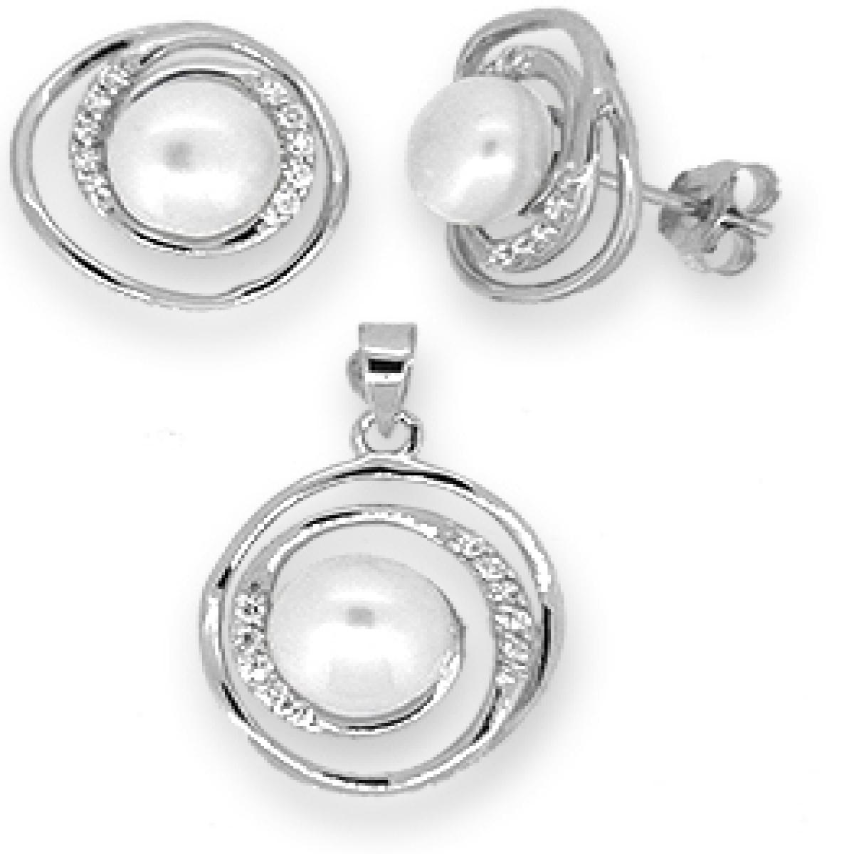 Picture of MDR Trading SS-TL086W White & Silver Freshwater Pearl Circles with Cubic Zirconia Pendant & Earrings Set