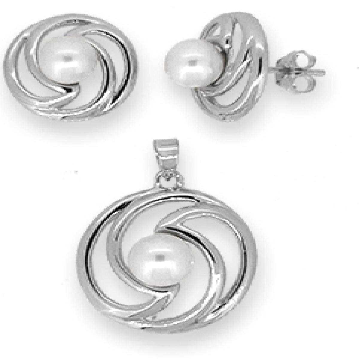 Picture of MDR Trading SS-TL088W White & Silver Freshwater Pearl Round Pendant & Earrings Set