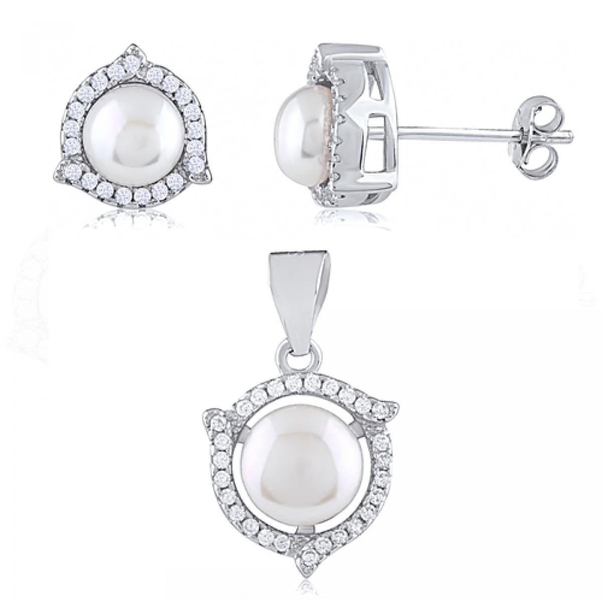 Picture of MDR Trading SS-TL089 Silver & White Freshwater Pearl In A Circle Surrounded by Cubic Zirconia Stones Pendant & Earrings Set