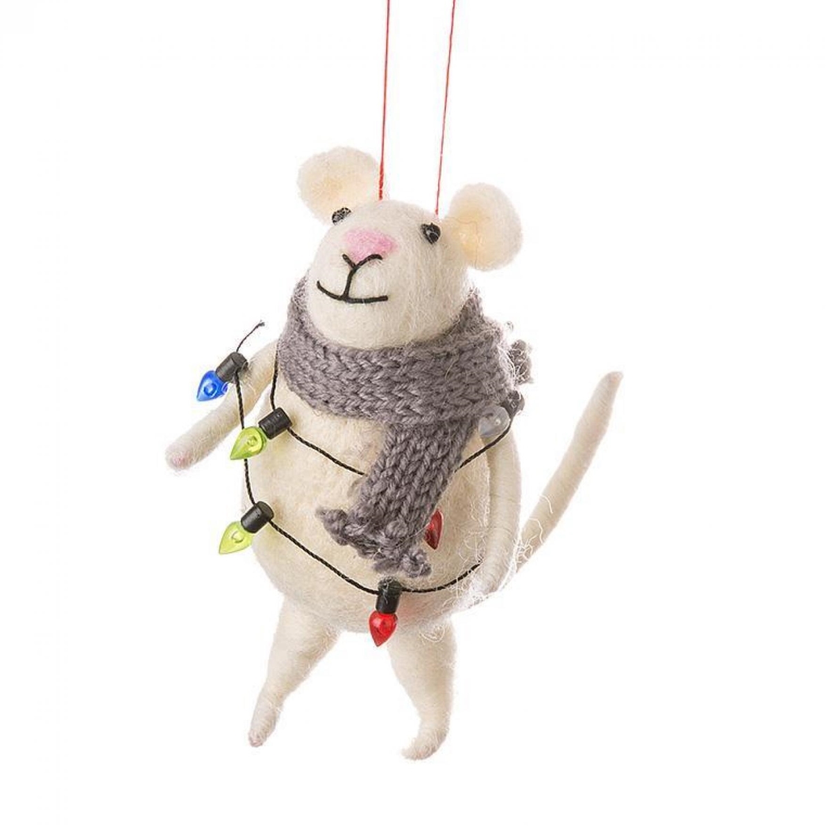 AB-27-MAPLE-1425 4.5 in. Mouse Tangled in Christmas Lights Ornament - White & Gray